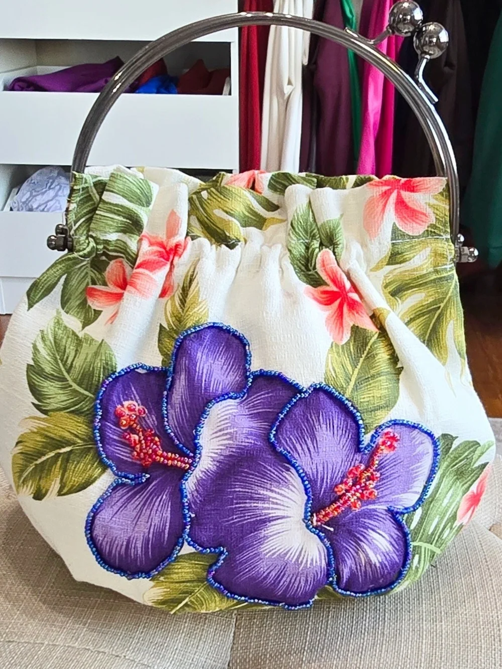 White Floral Tote Bag with Purple Flower Print